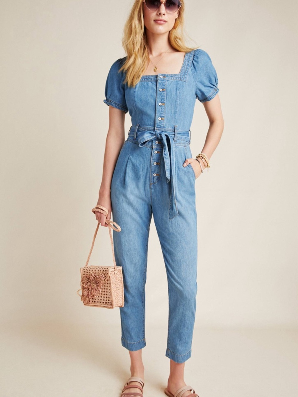 Pilcro and the Letterpress Light Blue Denim Tie-Waist Jumpsuit